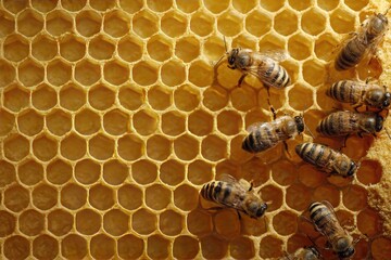 Close-up of honeybees on a honeycomb, showcasing the intricate hexagonal cells