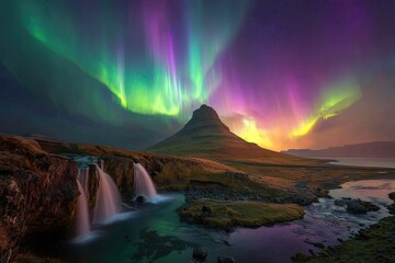 Majestic waterfall and mountain beneath a vibrant, colorful aurora borealis display
