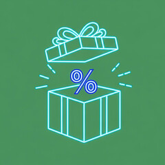 Open glowing neon gift box revealing shining percentage symbol concept of special discount surprise offer reward or bonus for customers.