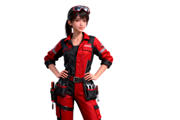 Female Mechanic in Red Uniform with Tools