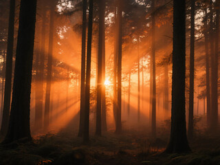 Ray of Sunlight Pierce Fog Forest