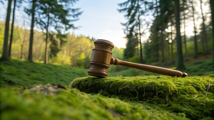 Agricultural Law and Land Ownership Concept &ndash; Hand Holding Wooden Gavel Over Farmland with Crop Rows Under Blue Sky, Legal Decision in Farming, Land Auction, Agricultural Policy, Rural Governance
