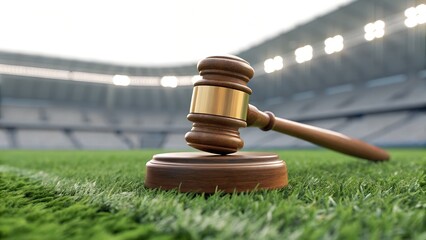 Sports Law Concept &ndash; Wooden Gavel on Stadium Grass Representing Legal Decision in Athletics, gavel, stadium, sports, law, legal, judgment, regulation, controversy, field, grass, justice