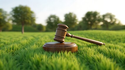 Agricultural Law and Land Ownership Concept &ndash; Hand Holding Wooden Gavel Over Farmland with Crop Rows Under Blue Sky, Legal Decision in Farming, Land Auction, Agricultural Policy, Rural Governance