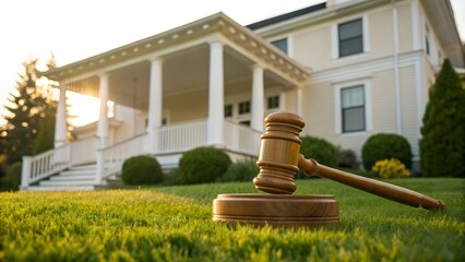 Property Auction and Law Concept &ndash; Gavel on Lawn in Front of White Colonial House, house, gavel, law, property, real estate, legal, auction, litigation, foreclosure, white, porch, lawn