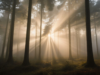 Ray of Sunlight Pierce Fog Forest