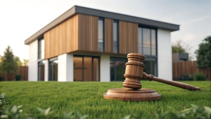 Property Law Concept &ndash; Modern House with Gavel on Grass Symbolizing Legal Decision or Auction, house, gavel, law, property, real estate, legal, auction, litigation, modern, architecture, wood, white