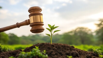 Agricultural Law and Land Ownership Concept &ndash; Hand Holding Wooden Gavel Over Farmland with Crop Rows Under Blue Sky, Legal Decision in Farming, Land Auction, Agricultural Policy, Rural Governance
