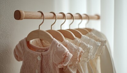 Pastel baby clothes hang on a wooden rod, close-up with soft lighting