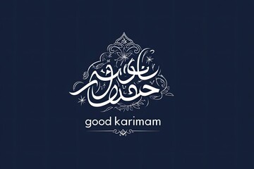 Calligraphy art in white script, floral design, dark background, "good karimam