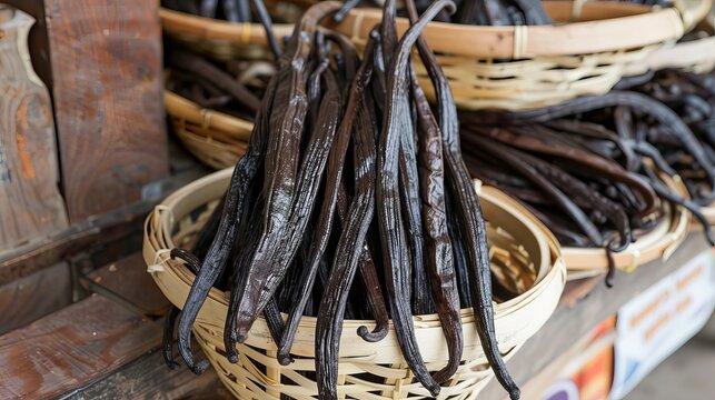 Bourbon vanilla planifolia pods  dark brown beans in curing fermentation for flavor grading