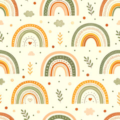 Boho Rainbow Seamless Pattern with Earthy Tones and Whimsical Elements