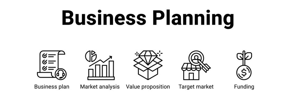 Business Planning web banner icon vector illustration concept for  with icon of Business plan, Market analysis, Value proposition.