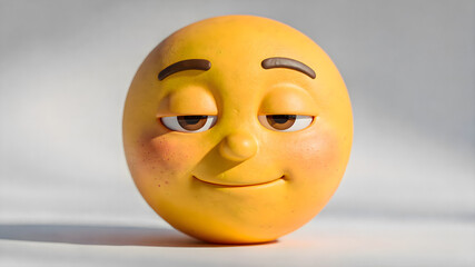 Fototapeta premium Close up, detailed view of a cheerful yellow emoji face with a simple, pleasant expression, situated on a clean, plain white background surface