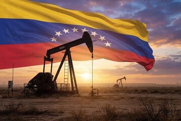 Oil pump jack silhouette against sunset sky with large national flag of venezuela waving