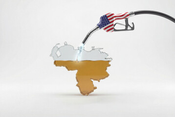 USA flag gas nozzle pouring fuel into a glass map shaped like venezuela containing crude oil