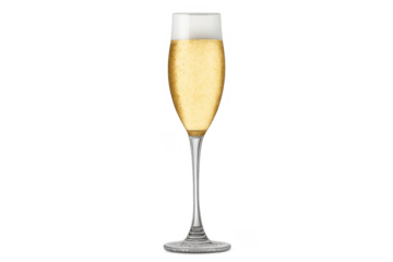 Golden sparkling wine in a champagne flute glass with bubbles, celebrating luxury events and new year holidays, transparent background