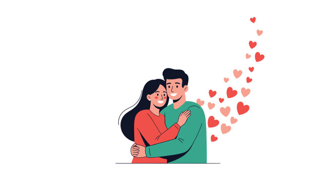 A loving young couple embracing each other tenderly, with a stream of pink and red hearts floating up from them on a white background.
