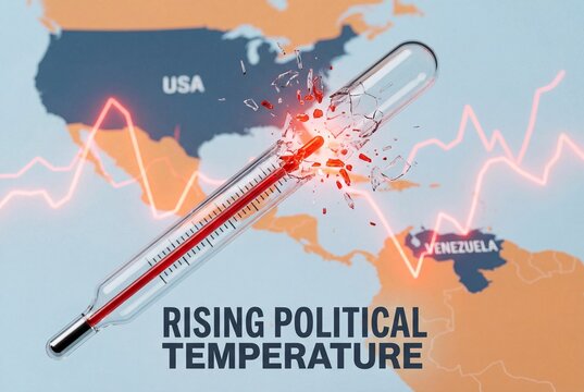 Bursting thermometer over USA and venezuela map symbolizing rising political temperature and crisis