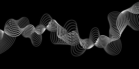 A dynamic 3D rendering of a DNA helix structure features a spiraling molecule pattern and motion wave design as a scientific research concept element set against a dark black backdrop