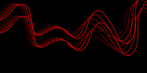 Dynamic red and white glowing heart beat wave lines create a fractal energy pattern with a motion effect on a black technology backdrop illustration