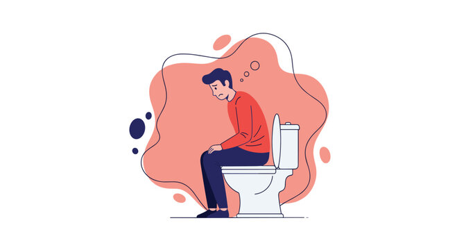 Unhappy man sitting on a toilet with a pensive expression, suffering from constipation or other digestive health problems.