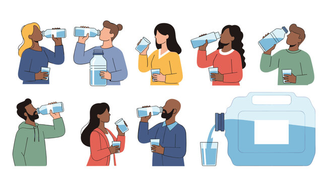 Collection of diverse multicultural people drinking clean water from glasses and bottles to stay hydrated for a healthy lifestyle.