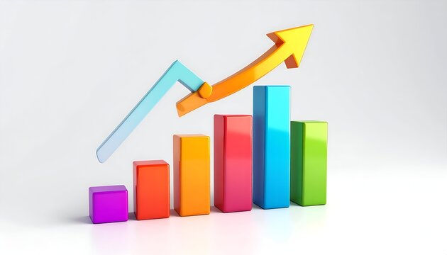 Colorful 3D bar chart with an upward-pointing arrow, representing growth and progress (1) - Powered by Adobe