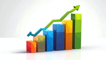 Colorful 3D bar graph with an upward trending arrow over a white background