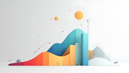 Colorful abstract illustration showing data represented as 3D bars, curves, and floating spheres