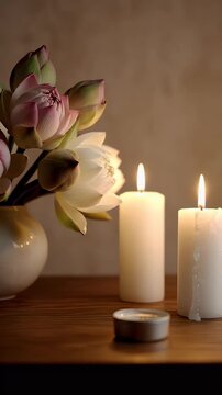 Buddhist Parinirvana Day minimal altar with candles and flowers symbolizing impermanence