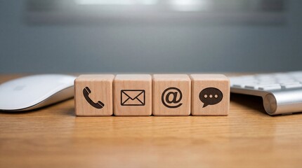 Wooden cubes showing contact options phone mail email and chat on office desk for business support