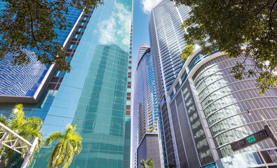 Miami downtown financial skyline and business shopping center near Biscayne bay and South beach.