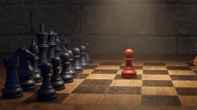Red pawn standing alone against a large army of blue chess pieces on a vintage wooden board