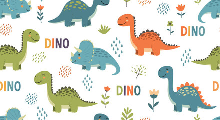 Obraz premium Cute and colorful seamless pattern for kids featuring various friendly dinosaurs like T-rex and Brontosaurus on a white background.