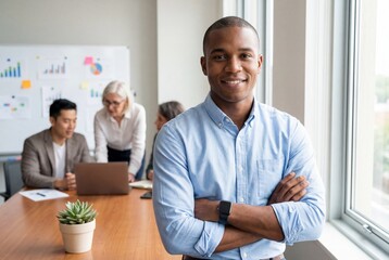 Confident young black businessman smiling in modern office with diverse team meeting