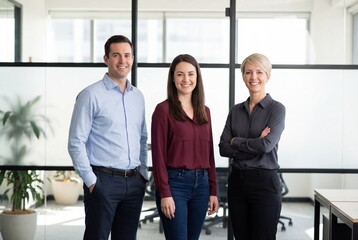 Three confident business professionals smiling together in a bright modern office
