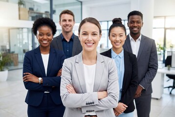 Confident diverse business team of professionals smiling together in a modern office