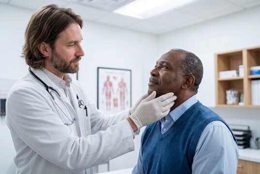 Doctor examining older patient neck during medical checkup in clinic office