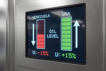 Digital gauge monitoring oil level changes between venezuela and USA with rising and falling stats