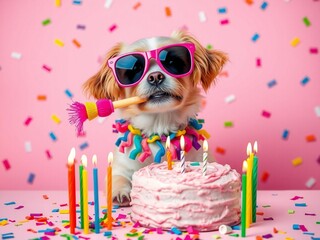 Cute puppy wearing sunglasses and party hat celebrates birthday with cake and confetti