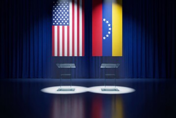 United states and venezuela flags behind podiums for diplomatic press conference event