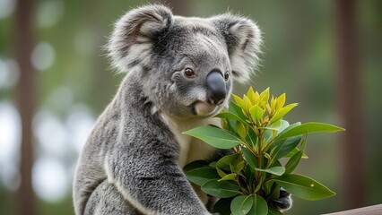 Fototapeta premium Koala eating green leaves outdoors.