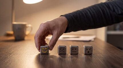 Fototapeta premium Hand selecting a metallic cube with a happy face from a row of emotional symbols on a wooden desk