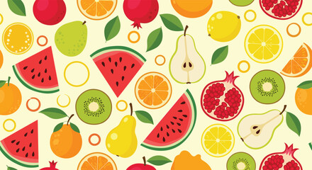 Bright and colorful seamless pattern featuring a variety of fresh summer fruits like watermelon, orange, pear, and pomegranate.
