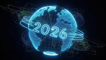 The year 2026 is illuminated on a digital globe with swirling energy streams