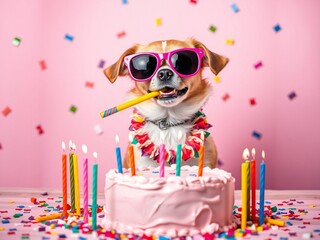 Happy birthday dog wearing sunglasses and party hat with cake and confetti