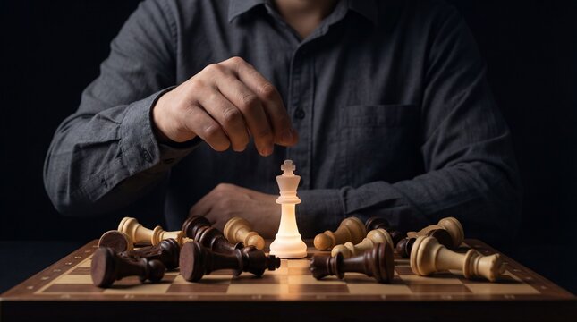 Hand reaching for glowing white king chess piece on board with fallen pieces