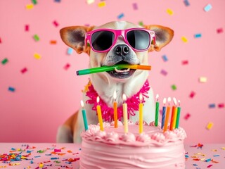 Happy dog wearing sunglasses celebrates birthday with cake and confetti
