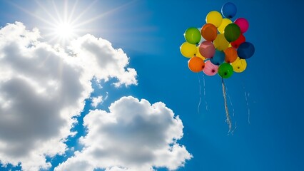 Colorful balloons drifting joyfully in a bright blue sky under the sun's radiant glow